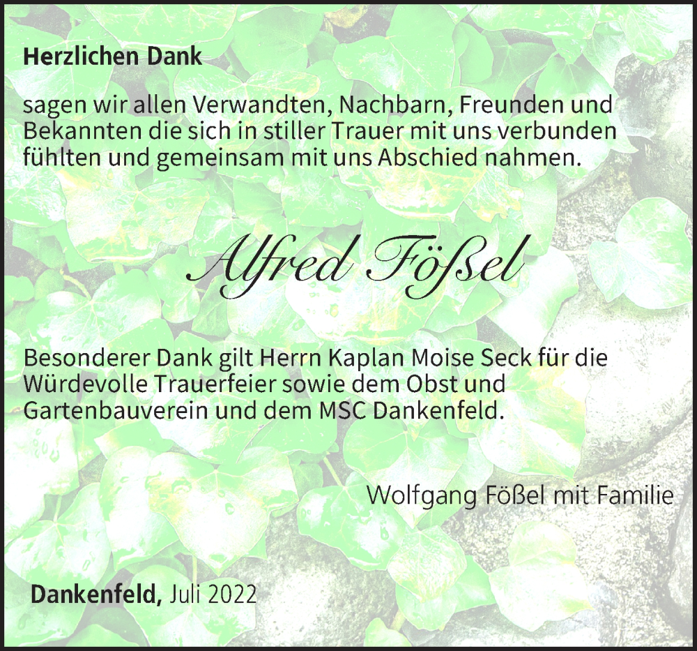  Traueranzeige für Alfred Fößel vom 09.07.2022 aus MGO