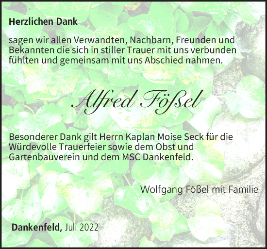 Anzeige von Alfred Fößel von MGO