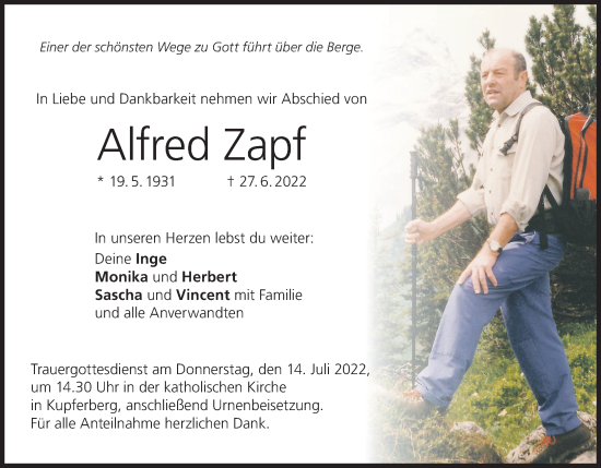 Anzeige von Alfred Zapf von MGO