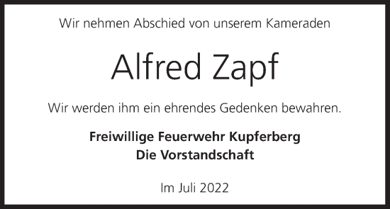 Anzeige von Alfred Zapf von MGO