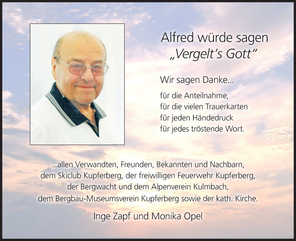 Traueranzeige für Alfred Zapf vom 30.07.2022 aus MGO