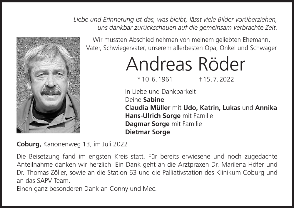  Traueranzeige für Andreas Röder vom 30.07.2022 aus MGO