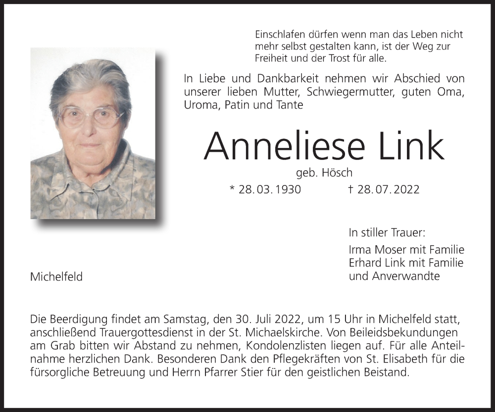  Traueranzeige für Anneliese Link vom 29.07.2022 aus MGO