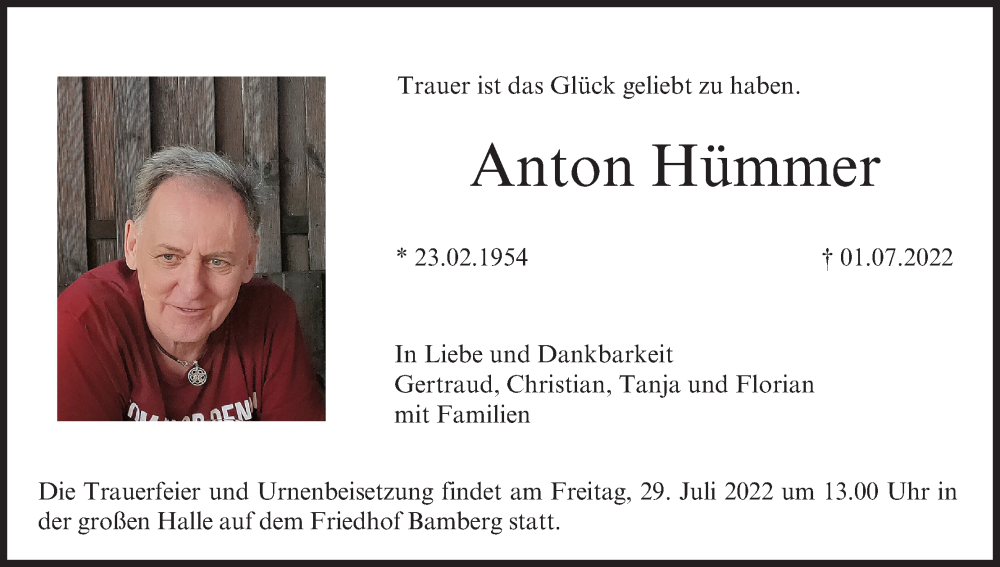  Traueranzeige für Anton Hümmer vom 23.07.2022 aus MGO