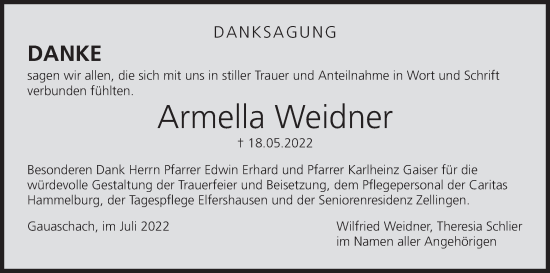 Anzeige von Armella Weidner von MGO