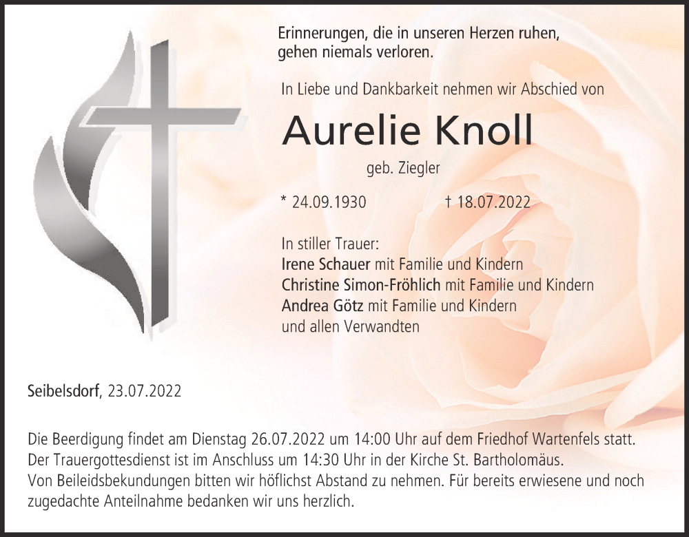  Traueranzeige für Aurelie Knoll vom 23.07.2022 aus MGO