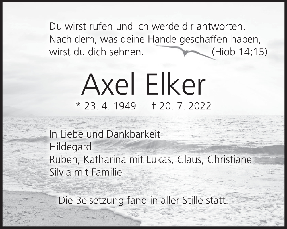 Traueranzeige für Axel Elker vom 23.07.2022 aus MGO