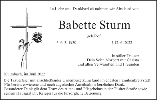 Anzeige von Babette Sturm von MGO