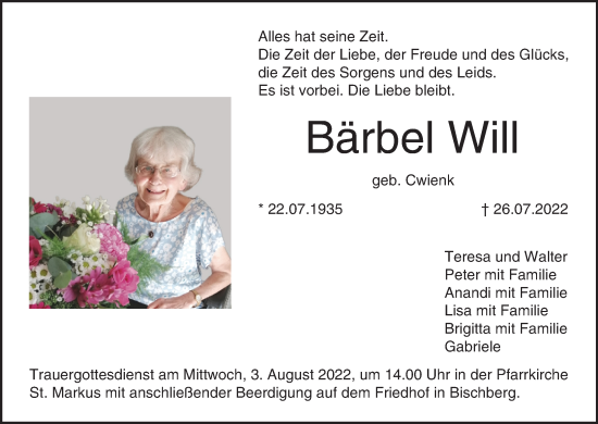 Anzeige von Bärbel Will von MGO