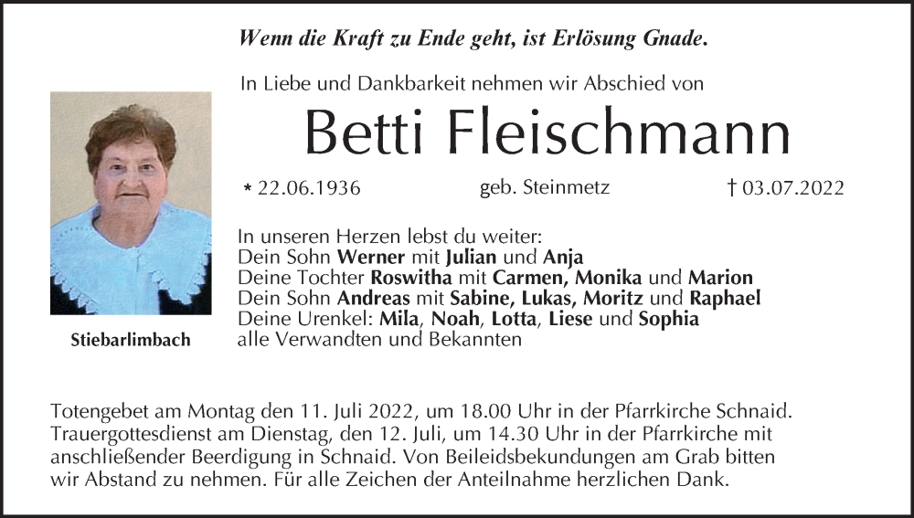  Traueranzeige für Betti Fleischmann vom 09.07.2022 aus MGO