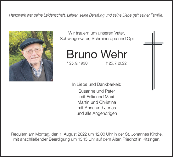 Anzeige von Bruno Wehr von MGO