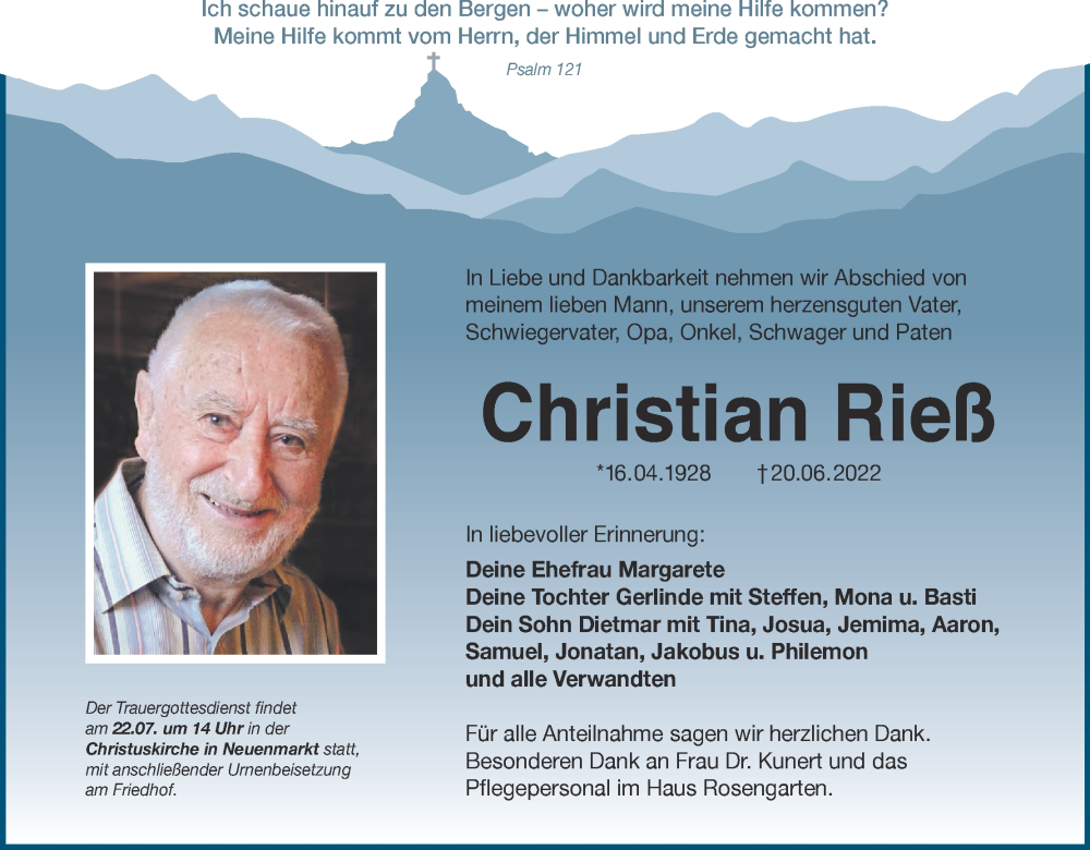  Traueranzeige für Christian Rieß vom 16.07.2022 aus MGO