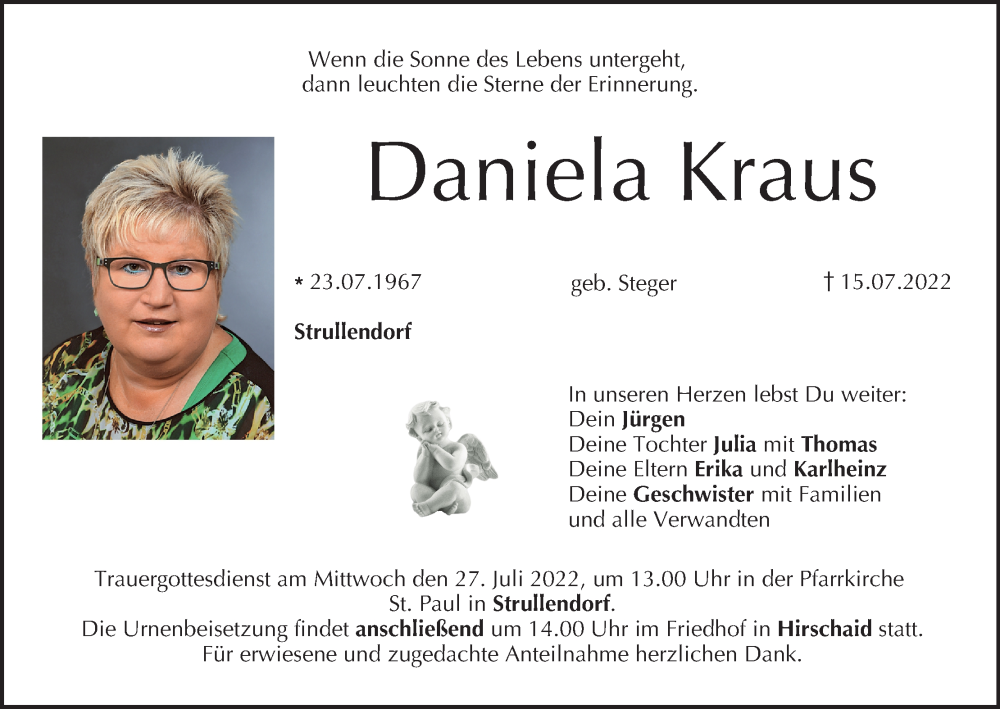  Traueranzeige für Daniela Kraus vom 26.07.2022 aus MGO