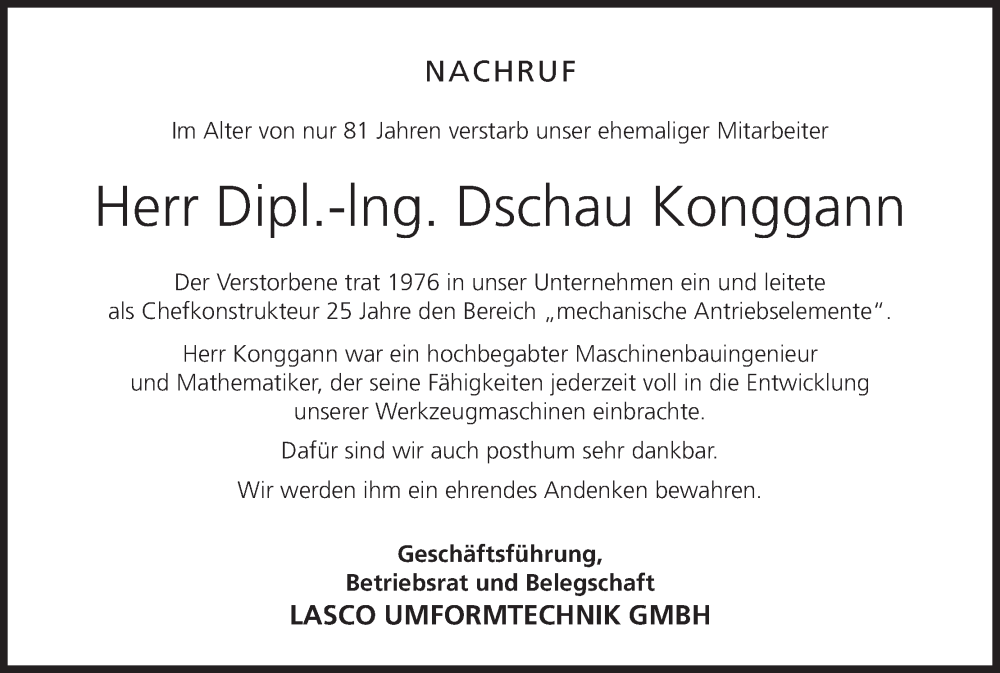  Traueranzeige für Dchau Konggann vom 06.07.2022 aus MGO