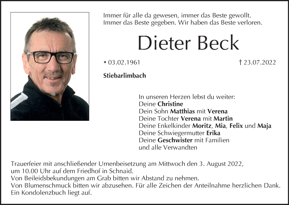  Traueranzeige für Dieter Beck vom 30.07.2022 aus MGO