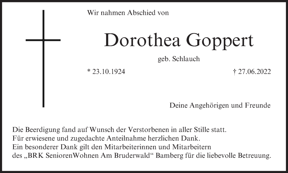  Traueranzeige für Dorothea Goppert vom 09.07.2022 aus MGO