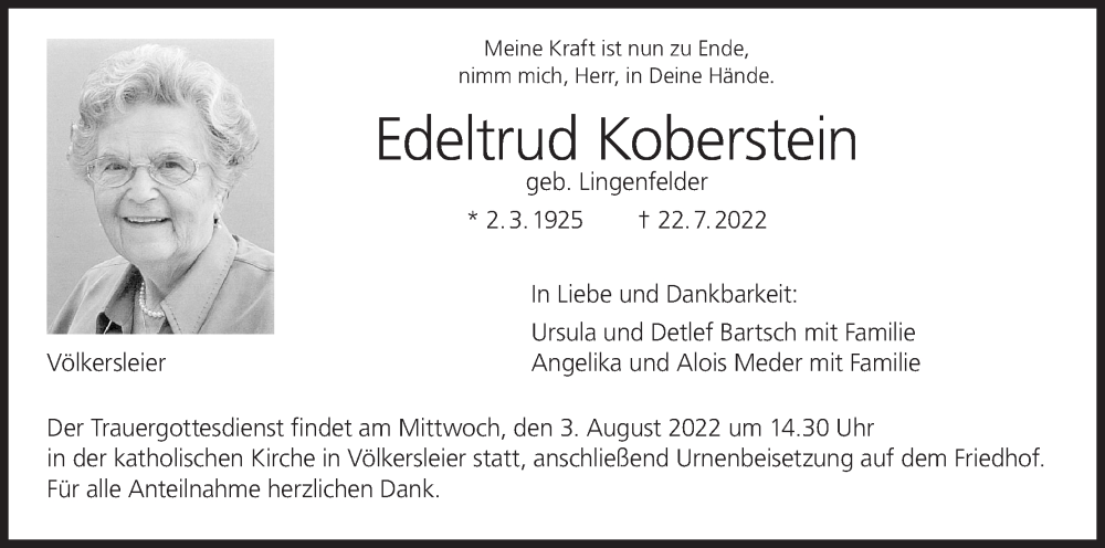  Traueranzeige für Edeltrud Koberstein vom 30.07.2022 aus MGO