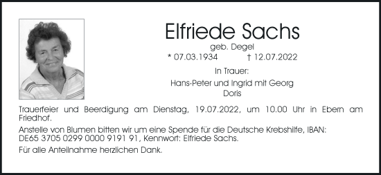 Anzeige von Elfriede Sachs von MGO