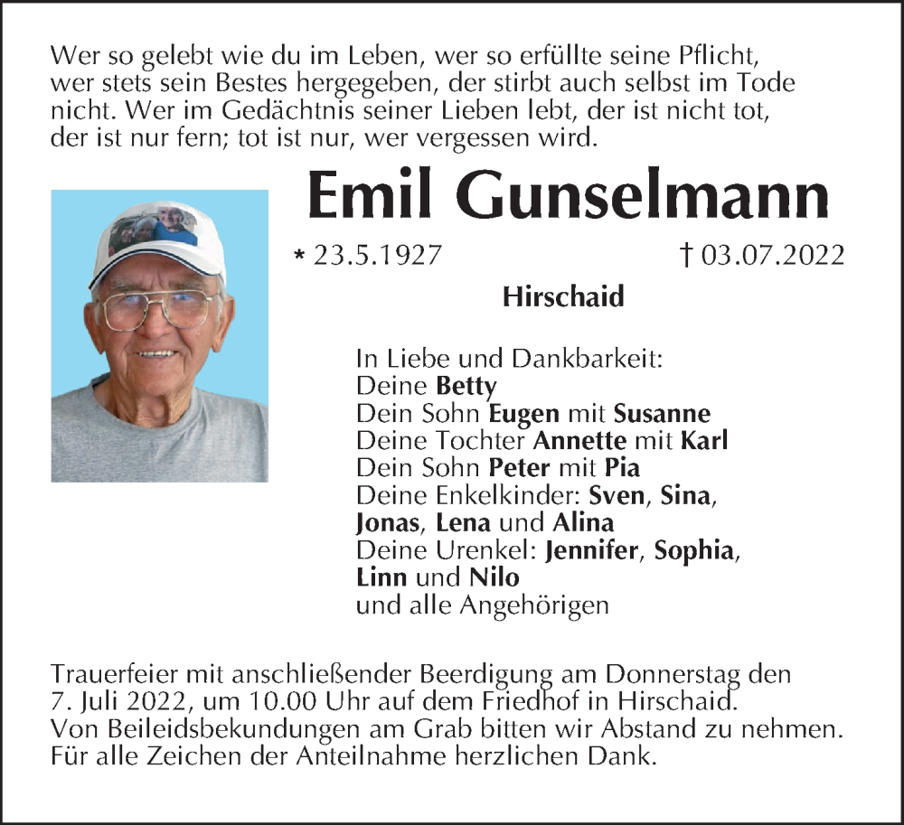  Traueranzeige für Emil Gunselmann vom 05.07.2022 aus MGO