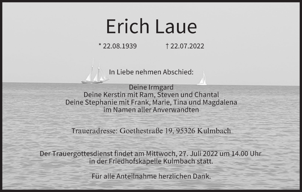  Traueranzeige für Erich Laue vom 26.07.2022 aus MGO