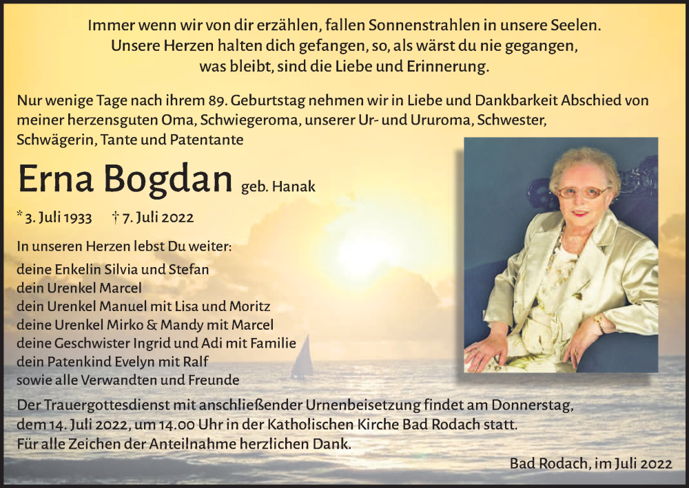  Traueranzeige für Erna Bogdan vom 12.07.2022 aus MGO