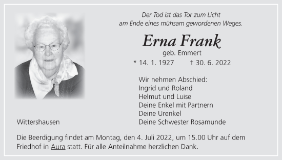 Anzeige von Erna Frank von MGO