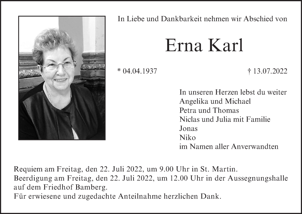  Traueranzeige für Erna Karl vom 20.07.2022 aus MGO