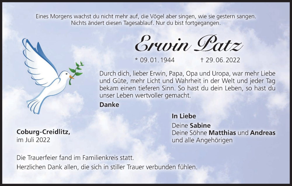  Traueranzeige für Erwin Patz vom 09.07.2022 aus MGO