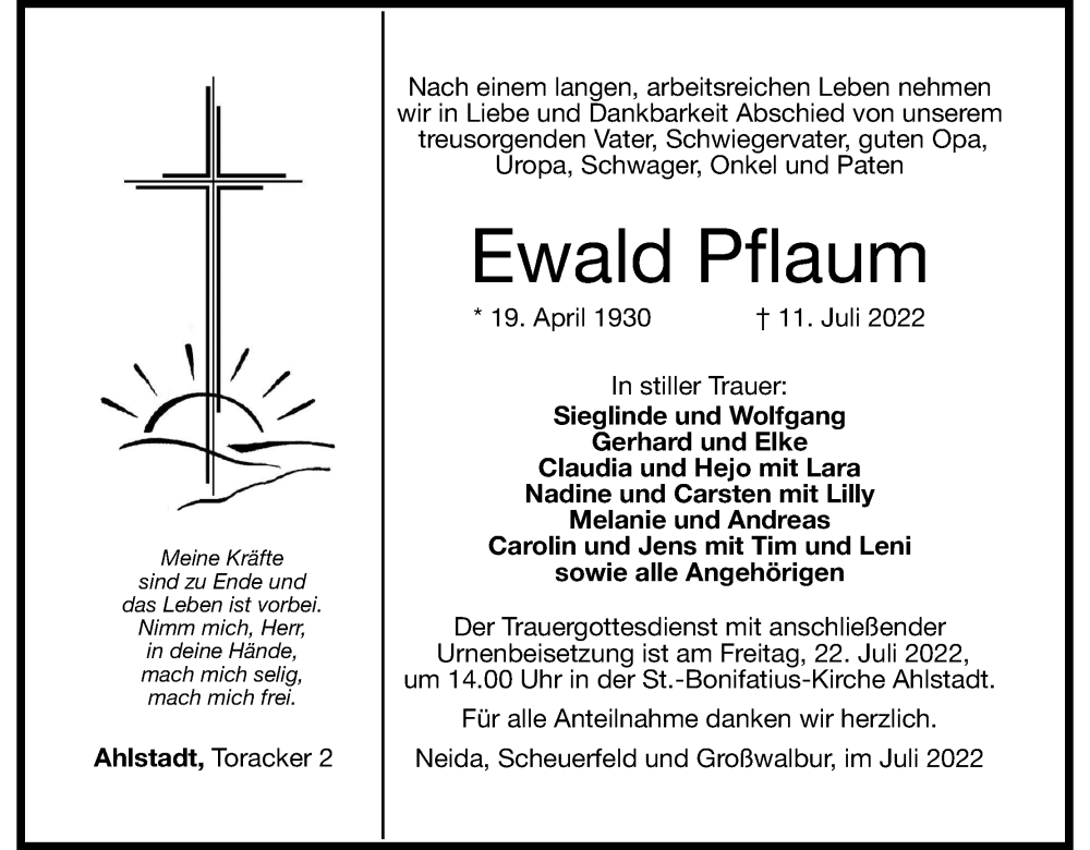  Traueranzeige für Ewald Pflaum vom 16.07.2022 aus MGO