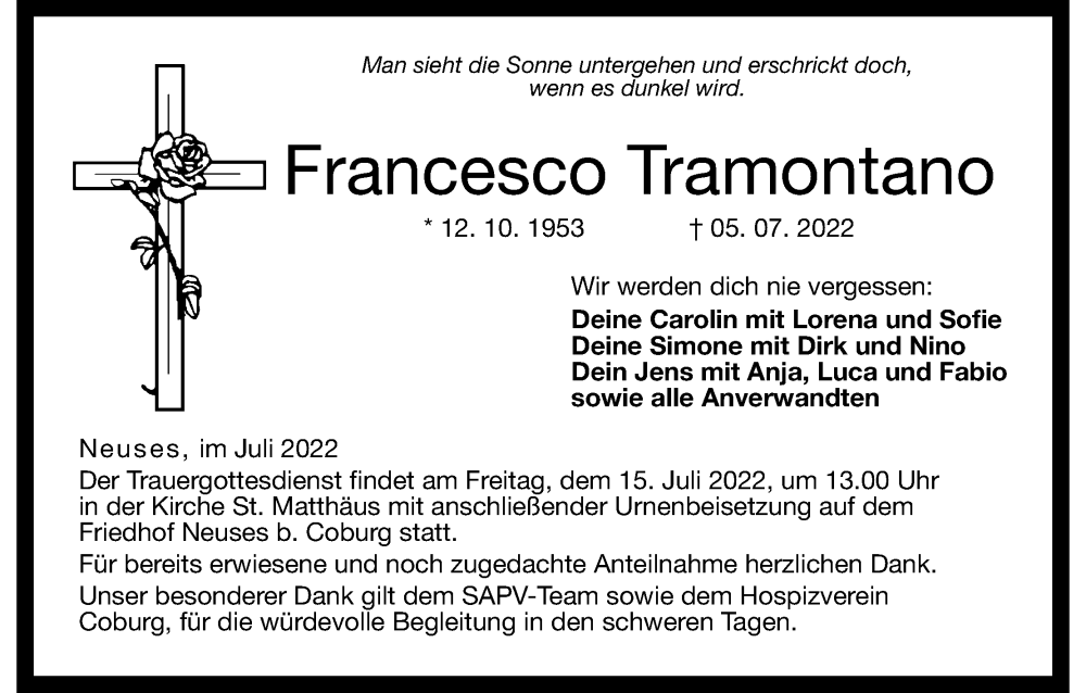 Traueranzeige für Francesco Tramontano vom 13.07.2022 aus MGO