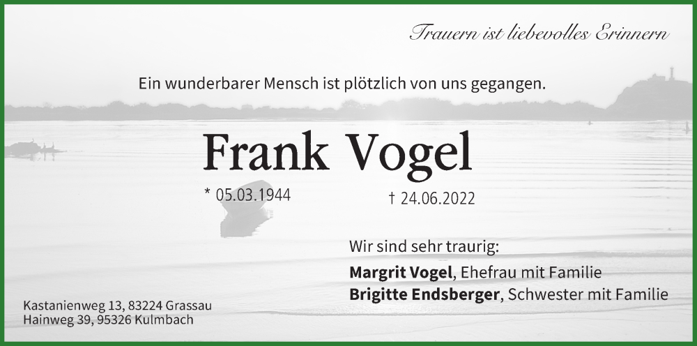  Traueranzeige für Frank Vogel vom 02.07.2022 aus MGO