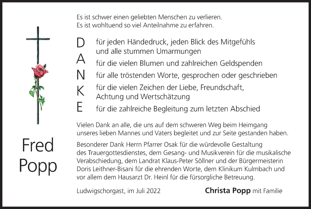  Traueranzeige für Fred Popp vom 30.07.2022 aus MGO