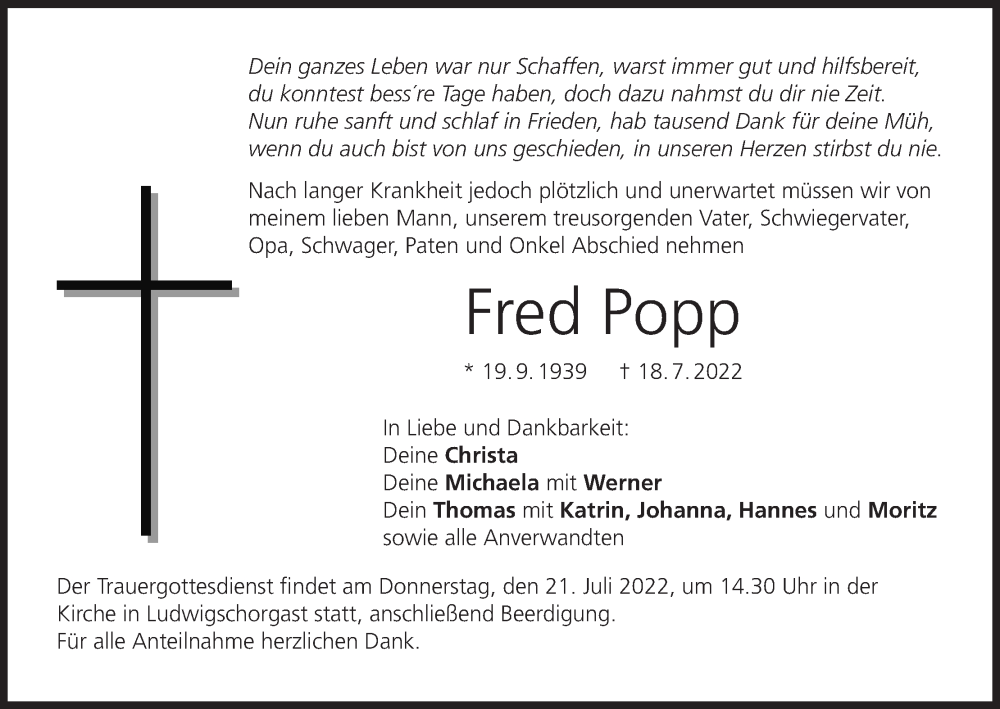  Traueranzeige für Fred Popp vom 20.07.2022 aus MGO