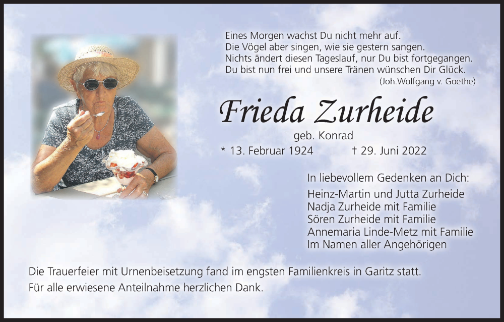  Traueranzeige für Frieda Zurheide vom 16.07.2022 aus MGO