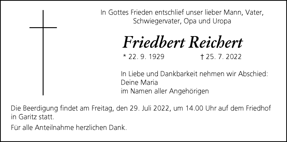  Traueranzeige für Friedbert Reichert vom 27.07.2022 aus MGO