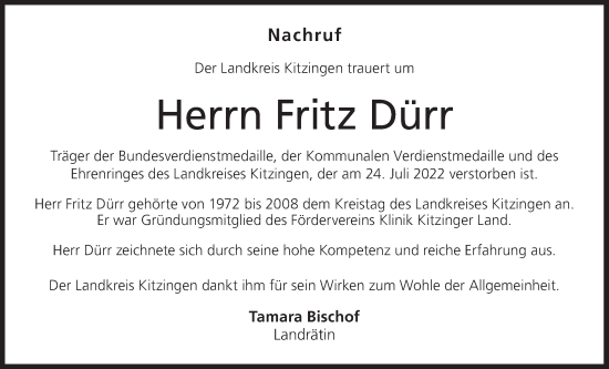 Anzeige von Fritz Dürr von MGO