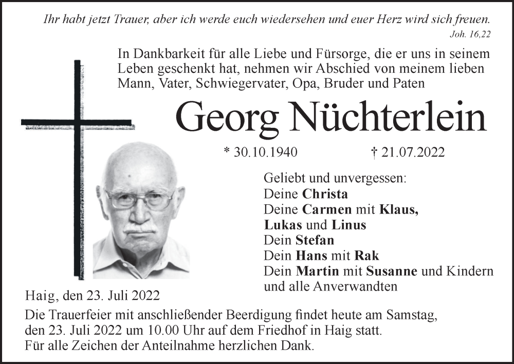  Traueranzeige für Georg Nüchterlein vom 23.07.2022 aus MGO