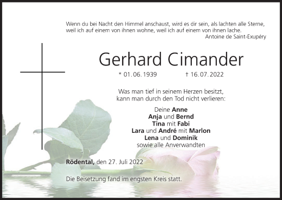 Anzeige von Gerhard Cimander von MGO