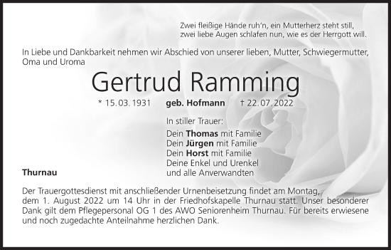 Anzeige von Gertrud Ramming von MGO