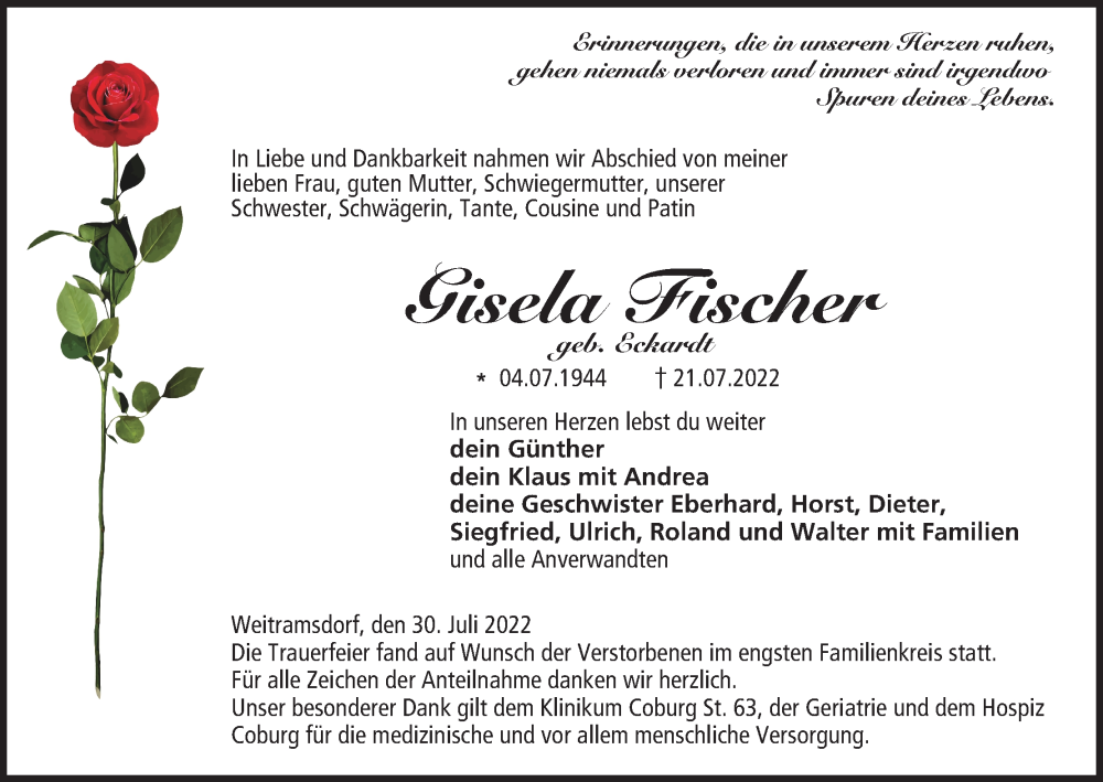  Traueranzeige für Gisela Fischer vom 30.07.2022 aus MGO