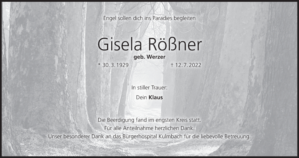 Traueranzeige für Gisela Rößner vom 23.07.2022 aus MGO