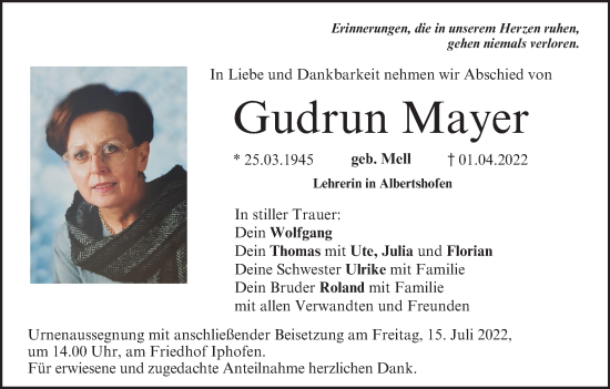 Anzeige von Gudrun Mayer von MGO