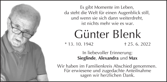 Anzeige von Günter Blenk von MGO