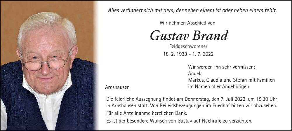  Traueranzeige für Gustav Brand vom 05.07.2022 aus MGO