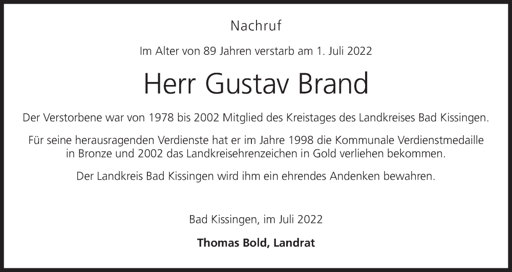  Traueranzeige für Gustav Brand vom 05.07.2022 aus MGO