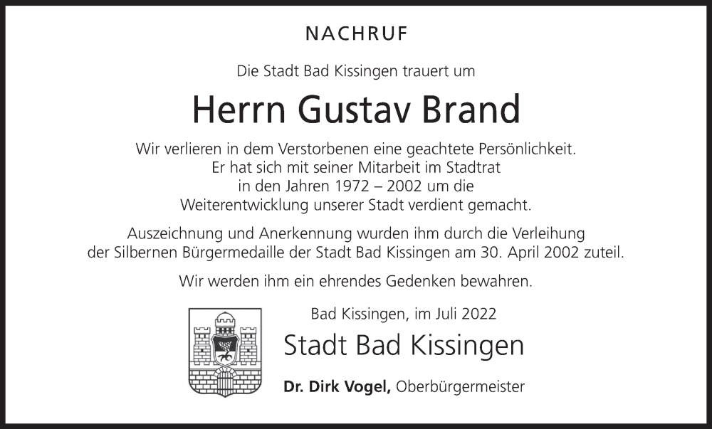  Traueranzeige für Gustav Brand vom 06.07.2022 aus MGO
