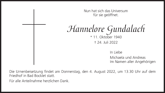 Anzeige von Hannelore Gundalach von MGO