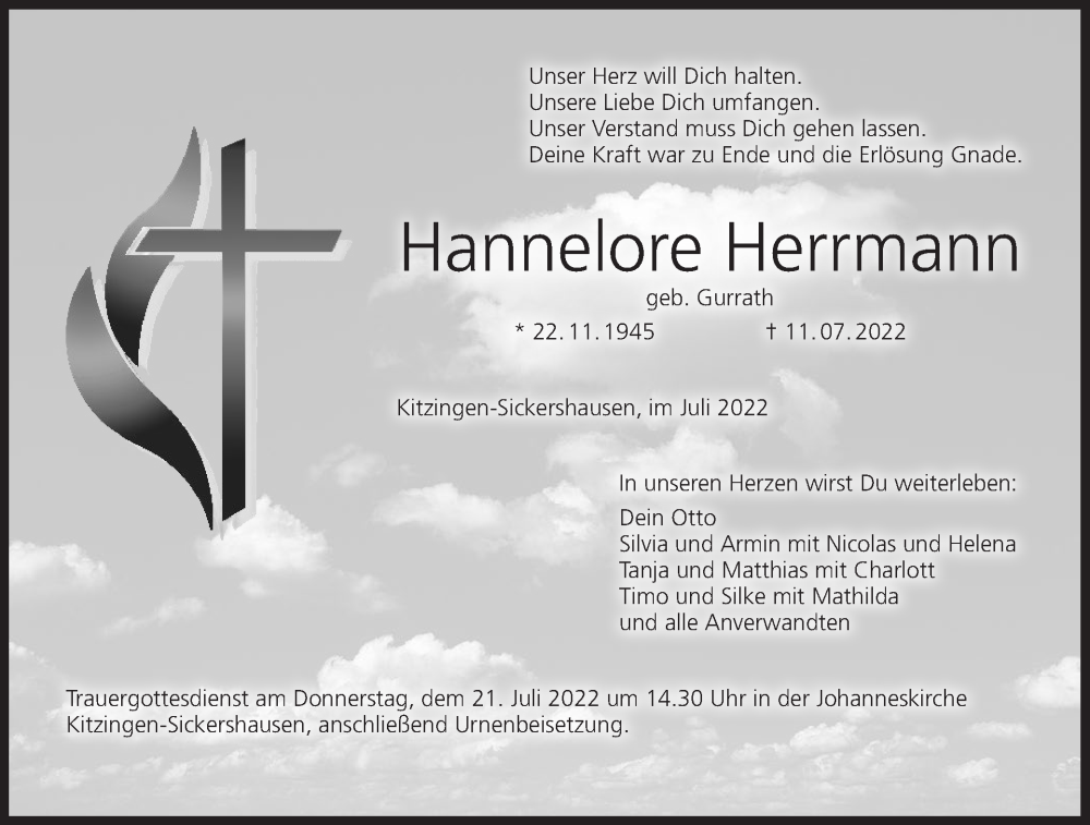  Traueranzeige für Hannelore Herrmann vom 16.07.2022 aus MGO