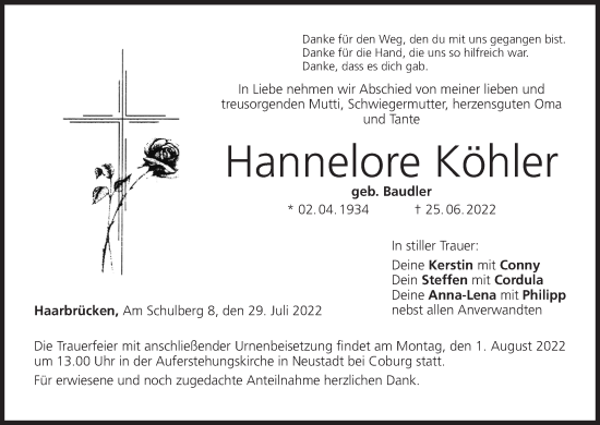 Anzeige von Hannelore Köhler von MGO