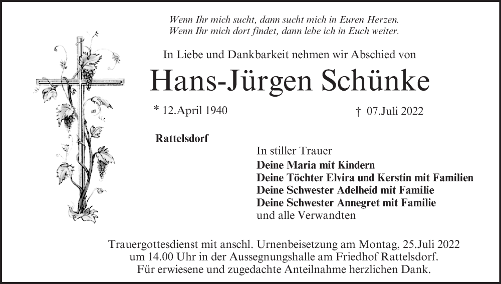  Traueranzeige für Hans-Jürgen Schänke vom 16.07.2022 aus MGO